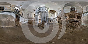 Full seamless spherical hdri 360 panorama view inside of interior of ruined abandoned choral Jewish synagogue in equirectangular