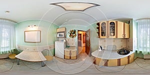 full seamless spherical hdri 360 panorama view in interior of small kitchen in modern flat apartments with furniture in