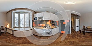 full seamless spherical hdri 360 panorama view in interior of small kitchen in modern flat apartments with furniture in