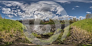 full seamless spherical hdri 360 panorama view near dam lock sluice on lake impetuous waterfall with beautiful clouds in