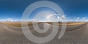 Full seamless spherical hdri 360 panorama view on no traffic asphalt road among fields in summer day with clear sky and awesome