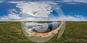 full seamless spherical hdri 360 panorama view over meandering river and forest in sunny summer day and windy weather with