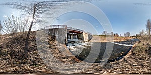 Full seamless spherical hdri panorama 360 angle view dam lock sluice on the river impetuous waterfall. background in