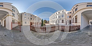 full seamless spherical hdri panorama 360 degrees angle near old houses in narrow courtyard or backyard of city bystreet with