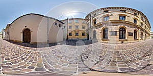 full seamless spherical hdri panorama 360 degrees angle near old houses in narrow courtyard or backyard of city bystreet in