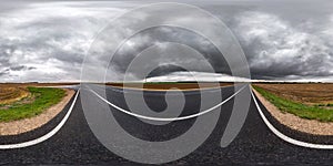 Full seamless spherical hdri panorama 360 degrees angle view on asphalt road among fields in autumn day with beautiful clouds