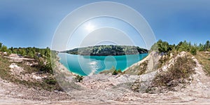 Full seamless spherical hdri panorama 360 degrees angle view on chalkpit on limestone coast of huge turquoise lake in summer day