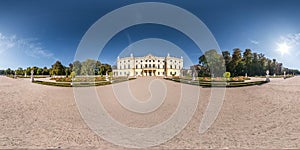 Full seamless spherical hdri panorama 360 degrees angle view of city park near courtyard restored medieval castle with sculptures