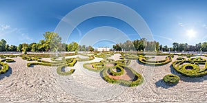 Full seamless spherical hdri panorama 360 degrees angle view of city park near courtyard restored medieval castle with sculptures