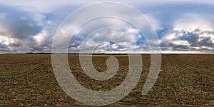 Full seamless spherical hdri panorama 360 degrees angle view among fields in autumn overcast evening  in equirectangular