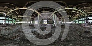 Full seamless spherical hdri panorama 360 degrees angle view inside abandoned ruined factory hangar in equirectangular projection