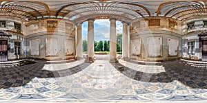 Full seamless spherical hdri panorama 360 degrees angle view inside stone abandoned ruined palace building with columns in