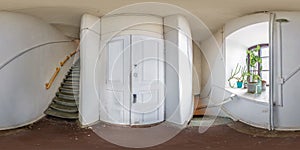 Full seamless spherical hdri panorama 360 degrees angle view in interior of white mpty corridor with spiral staircase in