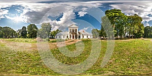 Full seamless spherical hdri panorama 360 degrees angle view near abandoned homestead castle with columns in equirectangular