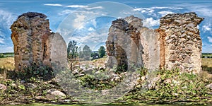 Full seamless spherical hdri panorama 360 degrees angle view near brick wall of ruined castle or church in equirectangular