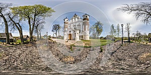 Full seamless spherical hdri panorama 360 degrees angle view near entrance of old orthodox defense church  in equirectangular