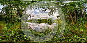 Full seamless spherical hdri panorama 360 degrees angle view on pedestrian walking path among the bushes of forest near river or