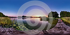 Full seamless spherical hdri panorama 360 degrees  angle view on wooden pier of huge lake or river in morning with pink sunrise