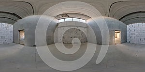 Full seamless spherical hdri panorama 360 degrees in abandoned interior of large empty room as warehouse, hangar or gallary in