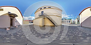 Full seamless spherical hdri panorama 360 degrees angle near old houses with fire escape in narrow courtyard of city bystreet in
