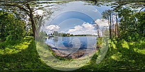 Full seamless spherical hdri panorama 360 degrees angle view on precipice of wide river in deciduous forest in sunny summer day in photo