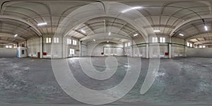 Full seamless spherical hdri panorama 360 degrees in interior of large empty room as warehouse or hangar in equirectangular