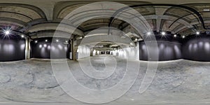Full seamless spherical hdri panorama 360 degrees in interior of large empty room as warehouse, hangar or gallery with spotlights