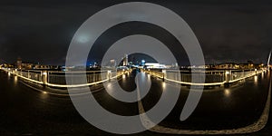 Full seamless spherical night panorama 360 degrees angle view on pedestrian bridge in equirectangular projection, ready for VR AR