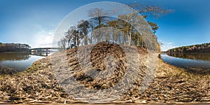 Full seamless spherical panorama 360 degrees angle view on the shore of width river neman near bridge in sunny morning in