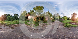 Full seamless spherical panorama 360 degrees angle view near stone abandoned ruined farm building in equirectangular projection,