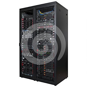 Full server rack isolated on white background for data storage, networking, and computing