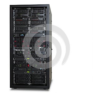 Full server rack isolated on white background for data storage, networking, and computing
