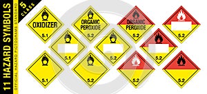 Full set of 11 Class 5 isolated hazardous material signs. Oxidizer agent, organic peroxide. Hazmat isolated placards. Official photo