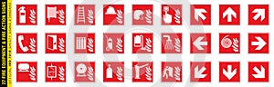 Full set of 27 isolated Fire equipment and Fire action signs on red board. Official ISO 7010 safety signs standard