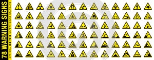 Full set of 78 isolated hazardous symbols on yellow round triangle board warning sign. Official ISO 7010 safety signs standard