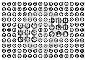 Plný sada skladajúca sa z všetko mena ikony. nový medzinárodný peniaze symboly 4217 kódy a skratky. čierny vektor byt 