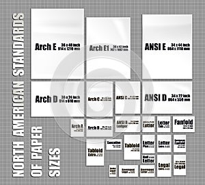 Full set of American paper sheets standards of series Arch, Ansi, format Letter, Ledger, Tabloid. Mock up of realistic white pages photo