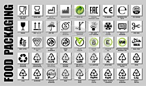 Full set of food packaging icons, product guide symbols. International meal pictograms for food package labels