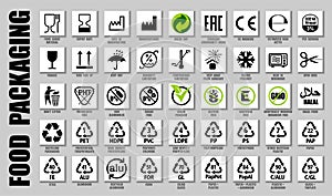 Full set of food packaging icons, product guide symbols. International meal pictograms for food package labels photo