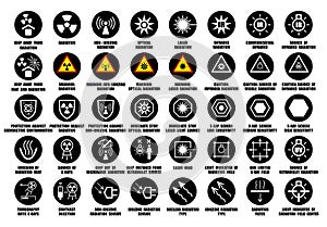 Full set of laser, X-ray, infrared, ultraviolet, optical radiation icons with international standard ISO description