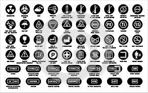 Full set of medical device packaging symbols with warning information. Medicine package black round icons isolated on white.