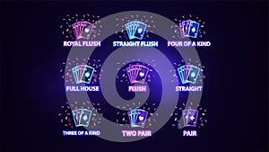 Full set of neon poker hand rankings signs. Pink and blue shine neon casino playing cards