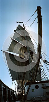 Full set of sails of the brig two mast square rigged tall ship