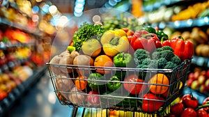Full shopping basket with variety of vegetables and fruits in grocery store. Routine grocery shopping. Healthy eating lifestyle.