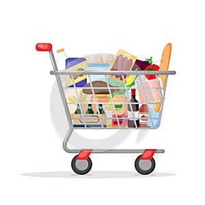 Full shopping cart. Food store, supermarket. Set of fresh, healthy and natural product. Vector