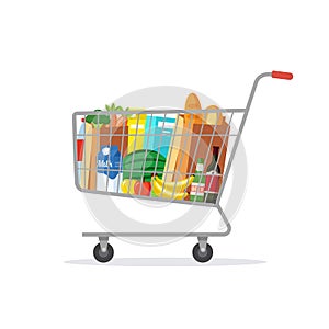 Full shopping cart isolated on white background. Fresh grocery products.