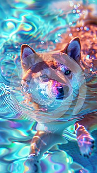 A full shot of a cute Shiba Inu dog swimming, with eyes open and directly facing the camera underwater