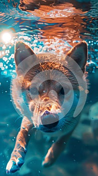 A full shot of a cute Shiba Inu dog swimming, with eyes open and directly facing the camera underwater
