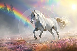 Full shot, unicorn on rainbow sky background. Generative AI