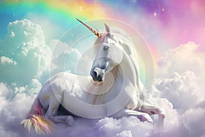 Full shot, unicorn on rainbow sky background. Generative AI